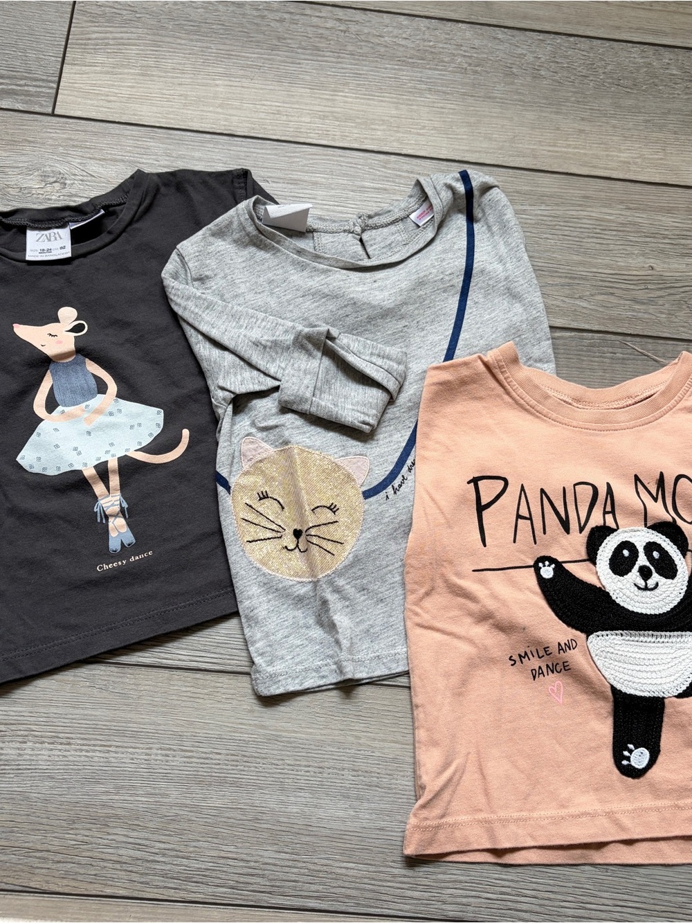 Zara Girls Tees Tops Bundle - Gray Cat, Black Ballerina & Peach Panda